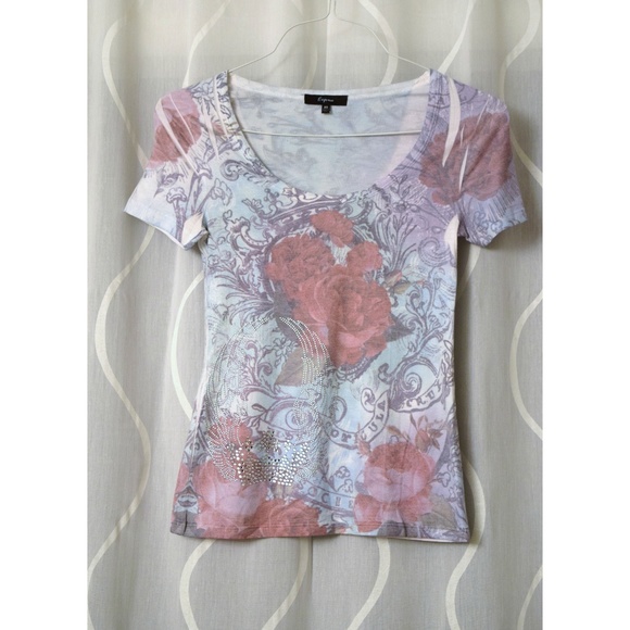 EXPRESS Tattoo Roses & Jeweled Fitted T-shirt | Size XS - Picture 1 of 4